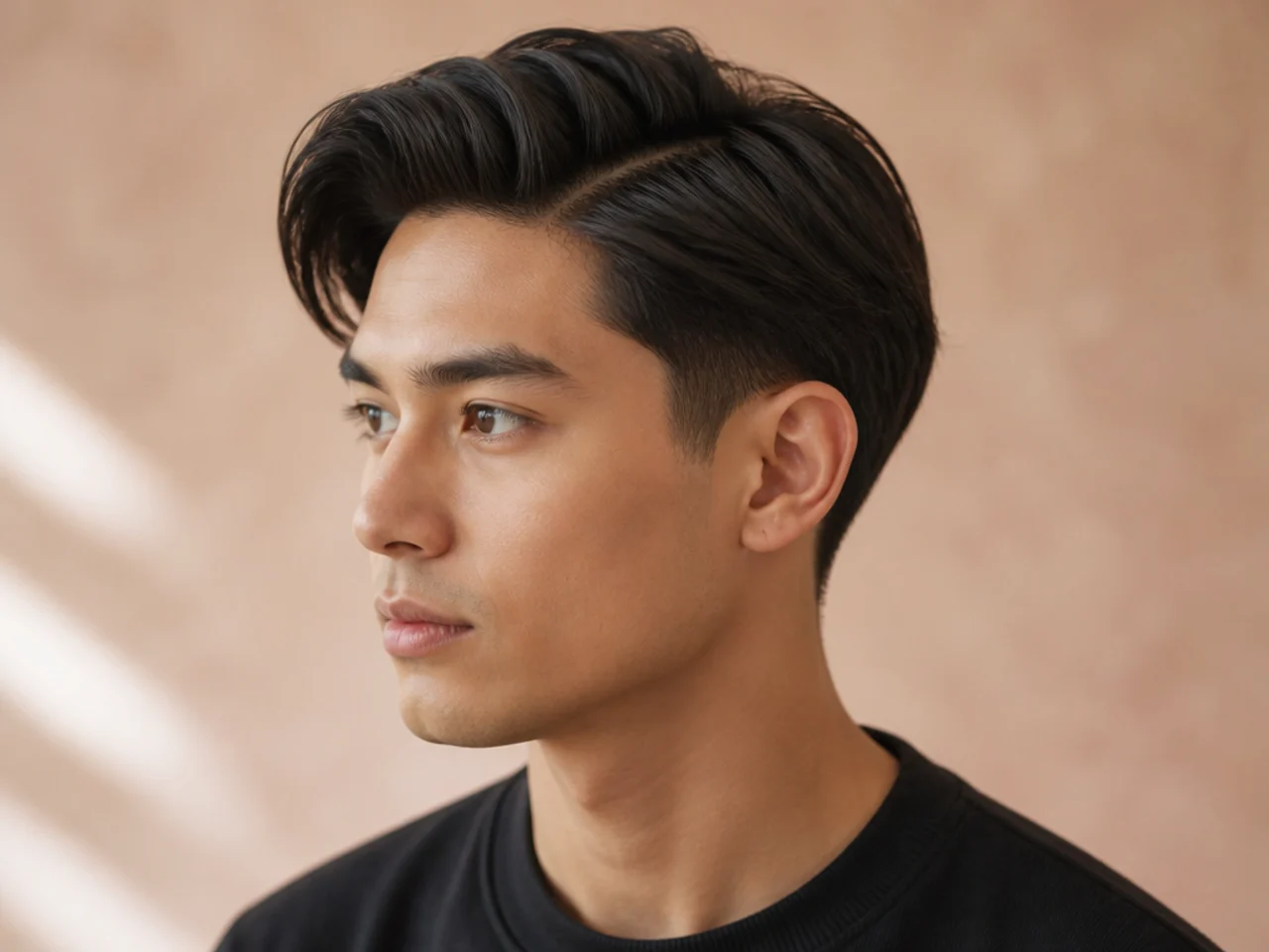 Side-part blowout taper on East Asian hair with scissor-carved hard part and swept-back volume