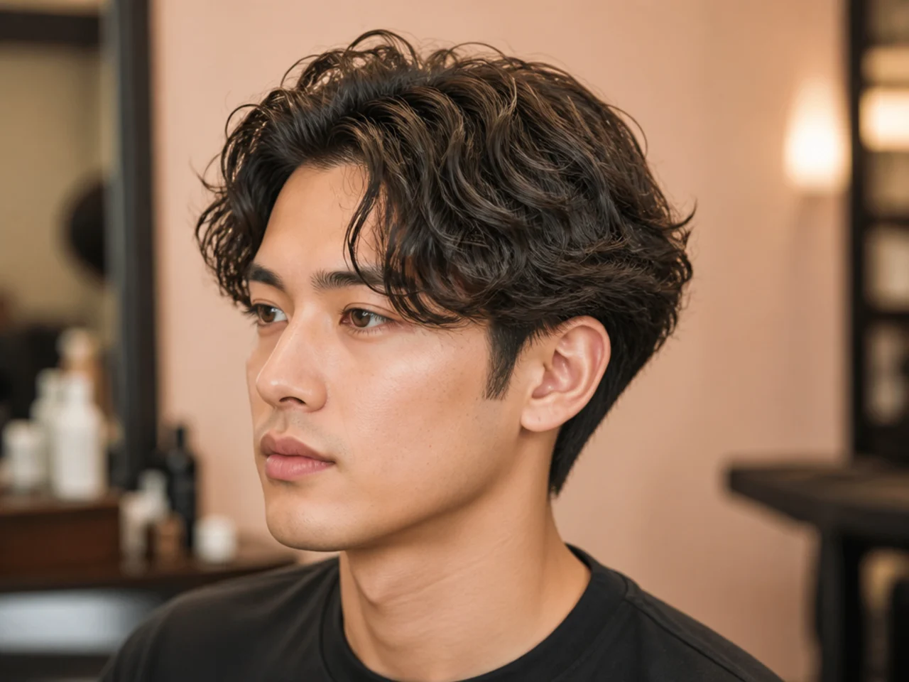 Down-perm blowout taper on permed East Asian hair with natural volume and rounded crown shape