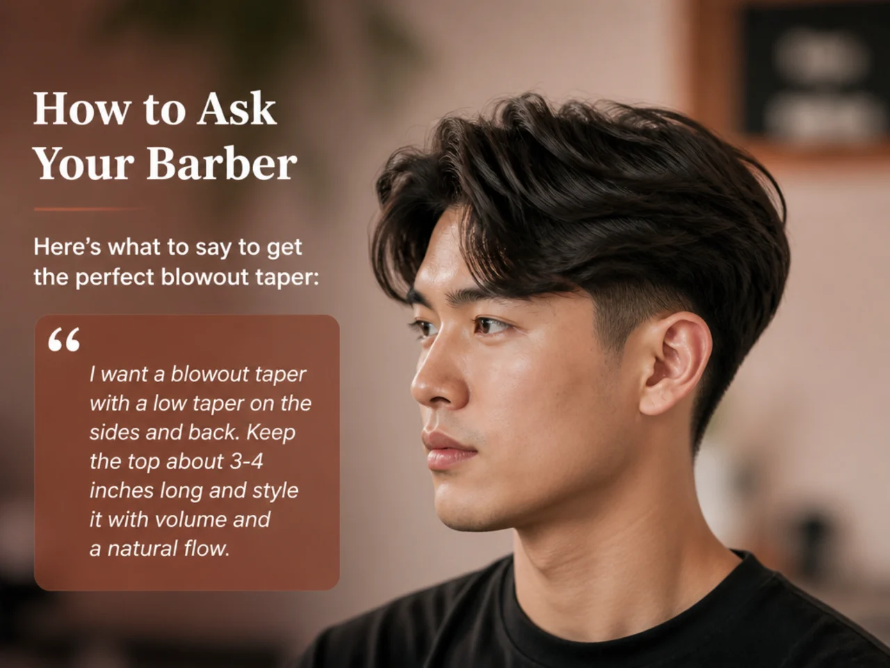 East Asian barber holding a photo reference for a blowout taper haircut during client consultation