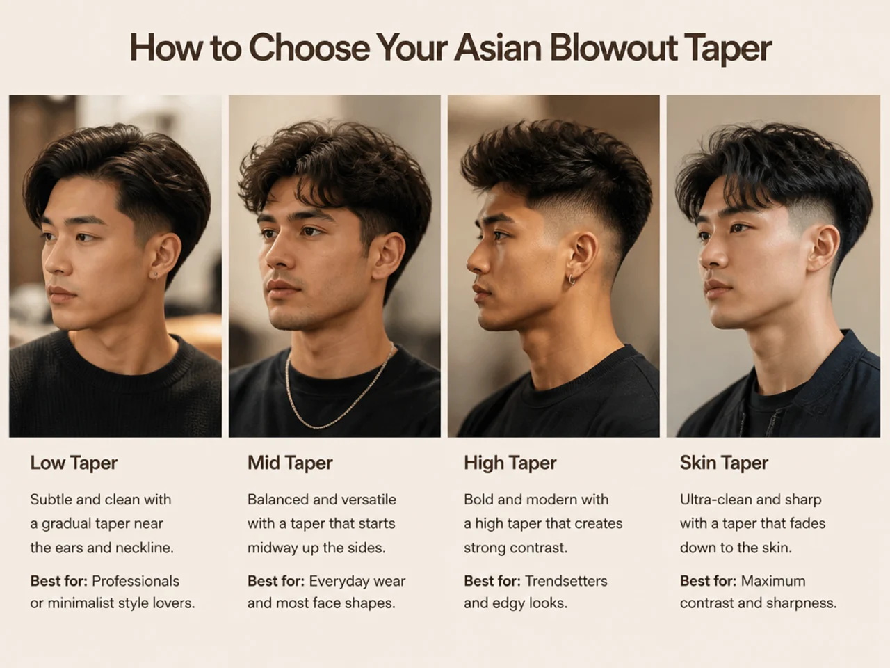East Asian barbershop consultation showing barber and client discussing fade height for a blowout taper