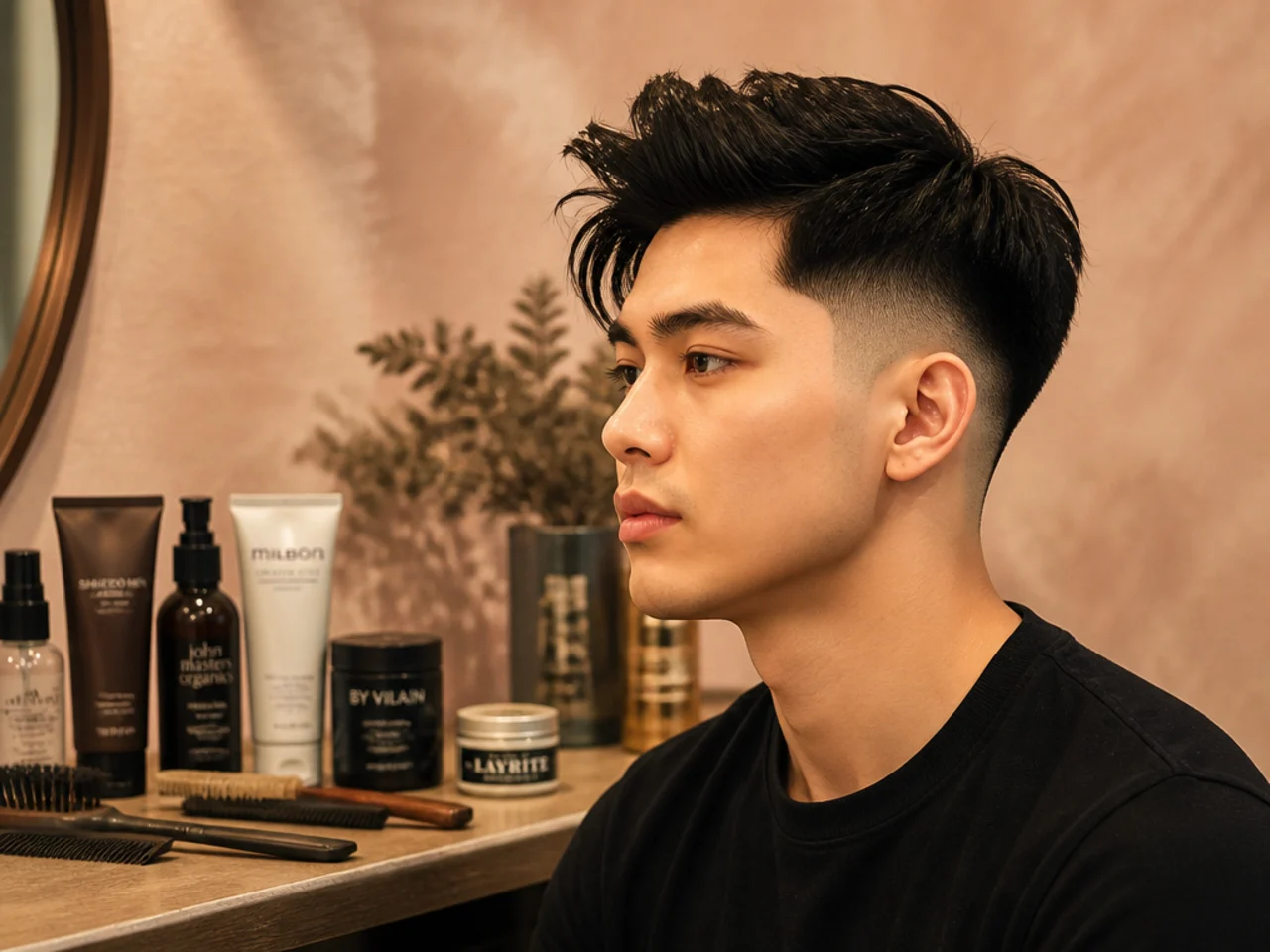 Flat lay of products and tools for an Asian blowout taper — round brush, blow dryer, mousse, matte clay, texture powder