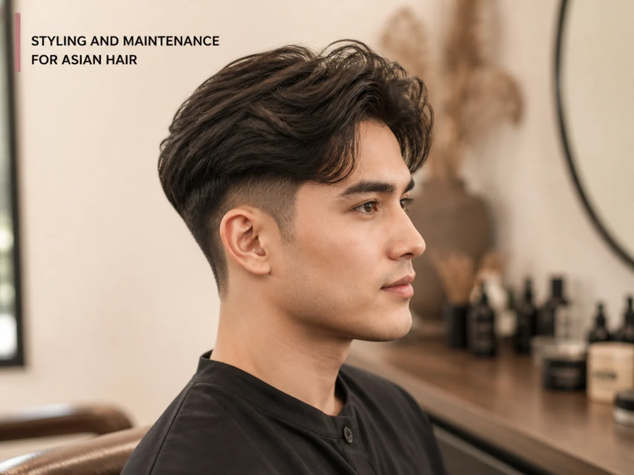 Young East Asian man styling a blowout taper at home with a round brush and blow-dryer in front of a mirror
