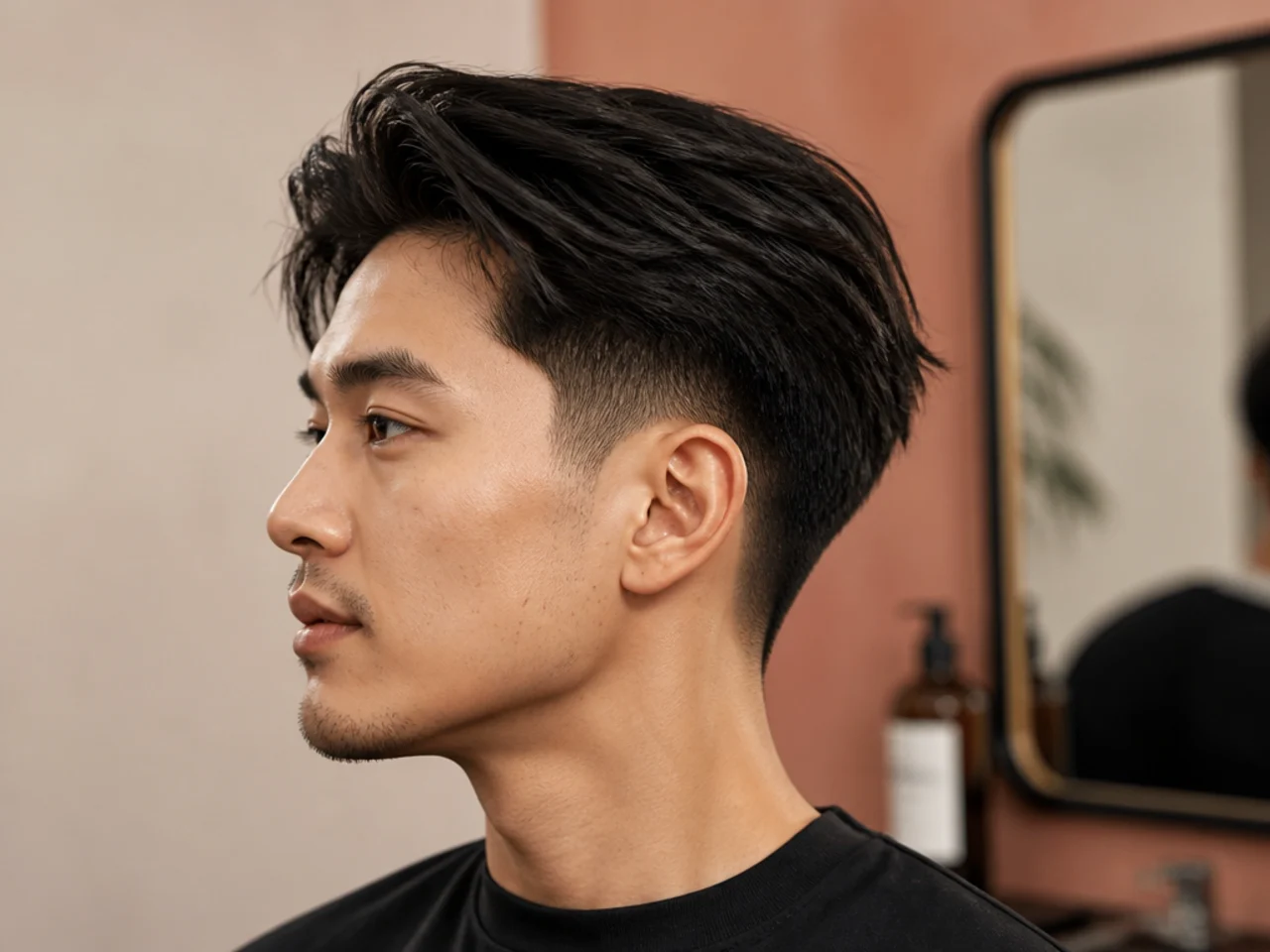 Three-quarter portrait of a young East Asian man with a mid blowout taper and rounded round-brush crown
