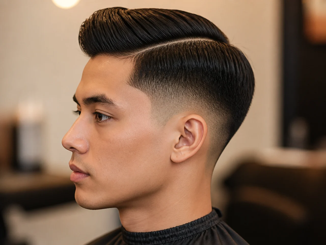 Chinese cinema sharp side part on a man with 3-inch top and clean scissor-blended sides on straight black hair