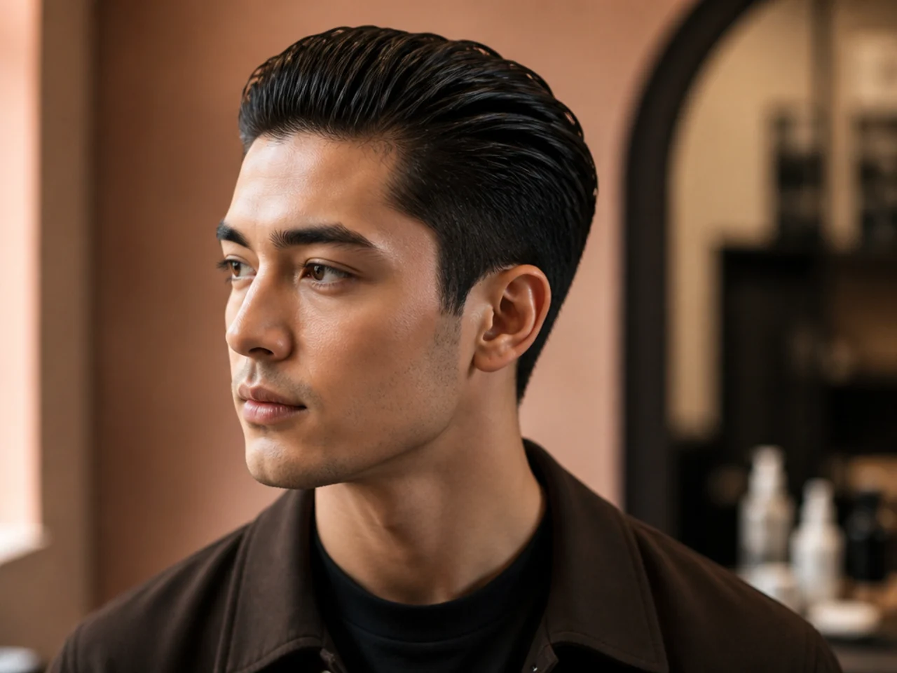 Slicked-back cinema cut on a Chinese man with high-shine pomade and 4-inch top pushed straight back