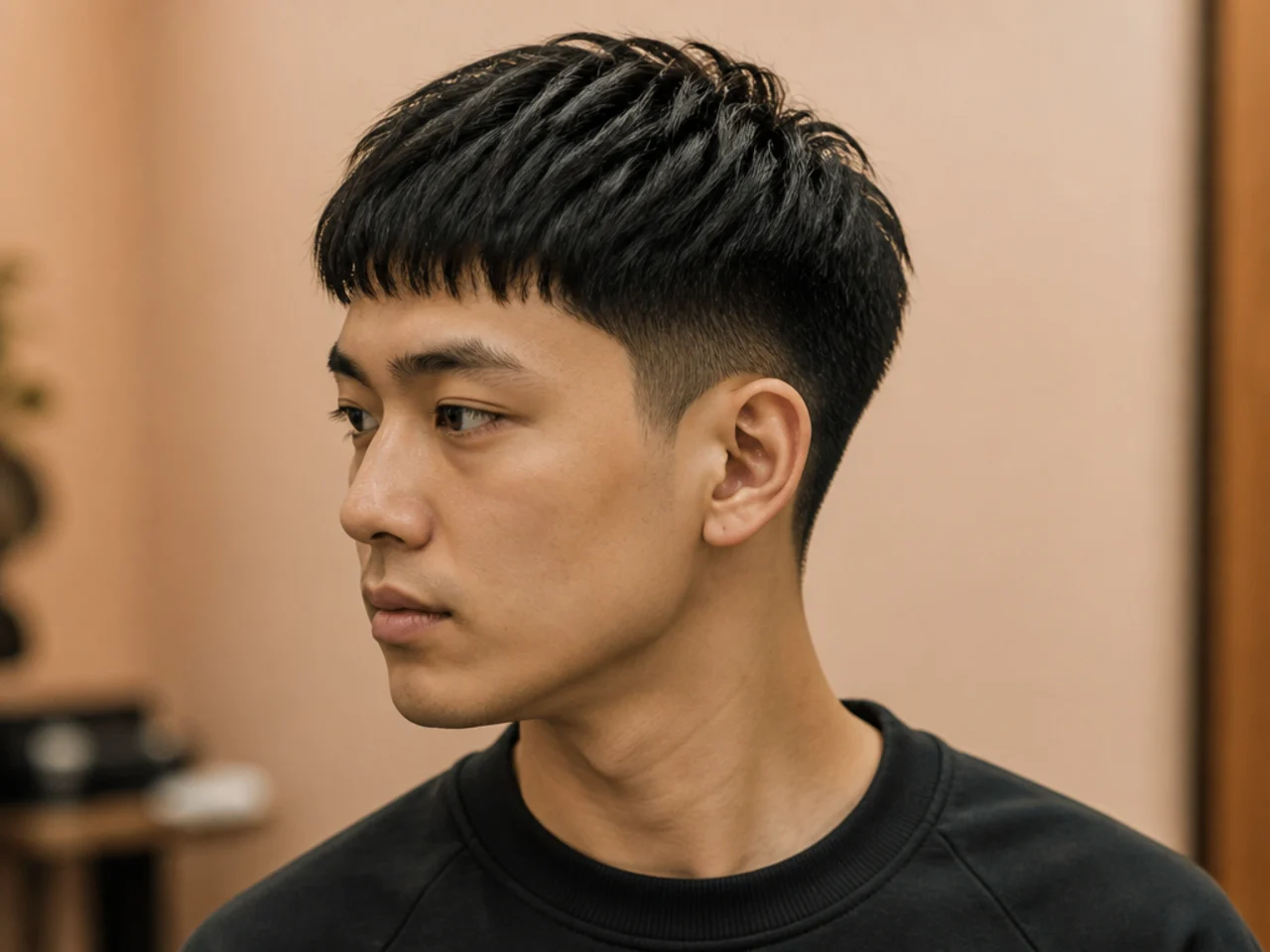 Korean edgar-adjacent crop on a young man with straight blunt fringe and short taper on the sides