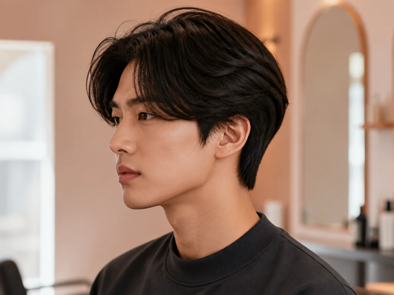 Korean blowout on a young man with voluminous root-lifted top and clean scissor-blended sides on straight black hair