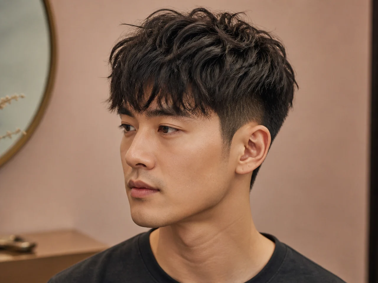 Korean textured crop on a young man with choppy point-cut top and forward fringe on straight black hair