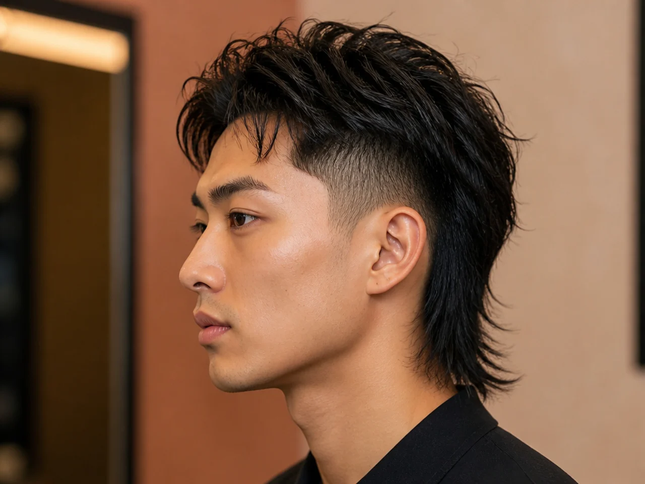 Modern mullet fade on a young Asian man with short faded sides and layered length at the back on wavy black hair