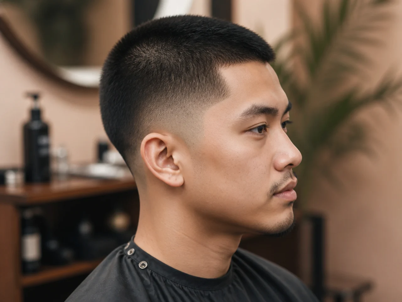Asian buzz cut with soft taper on a young man showing a clean number three all over and subtle temple taper