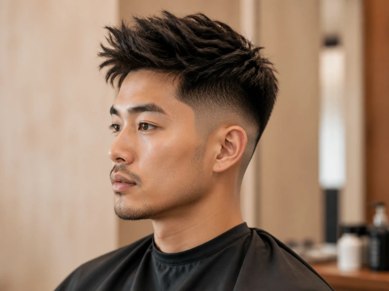 Mid fade with textured top on a young Asian man with 3-inch layered crown and clean fade at the temple