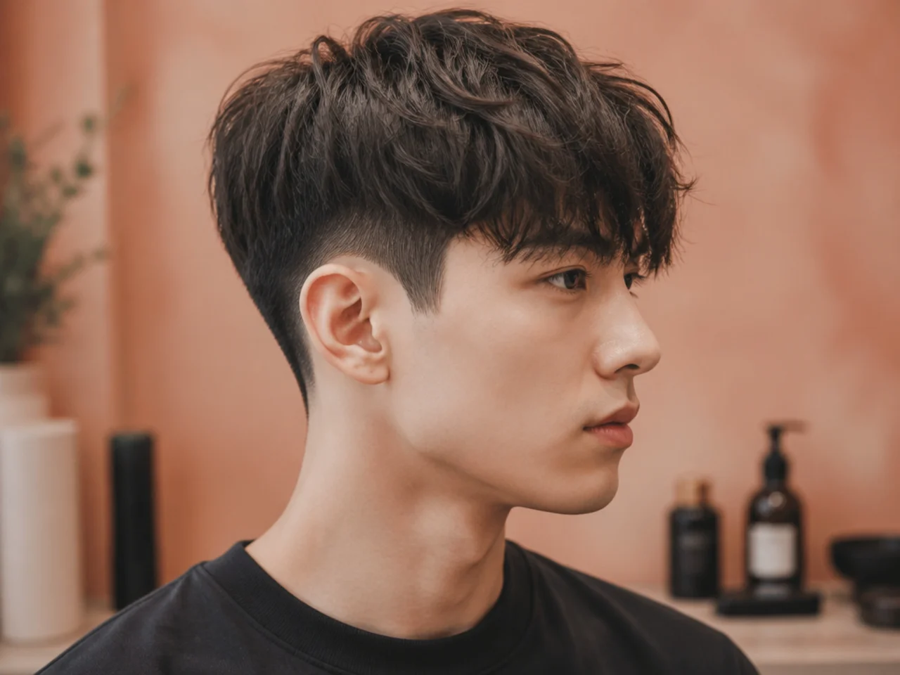 Low taper with fringe on a young Asian man showing a subtle taper at the sideburn and forward fringe on straight black hair