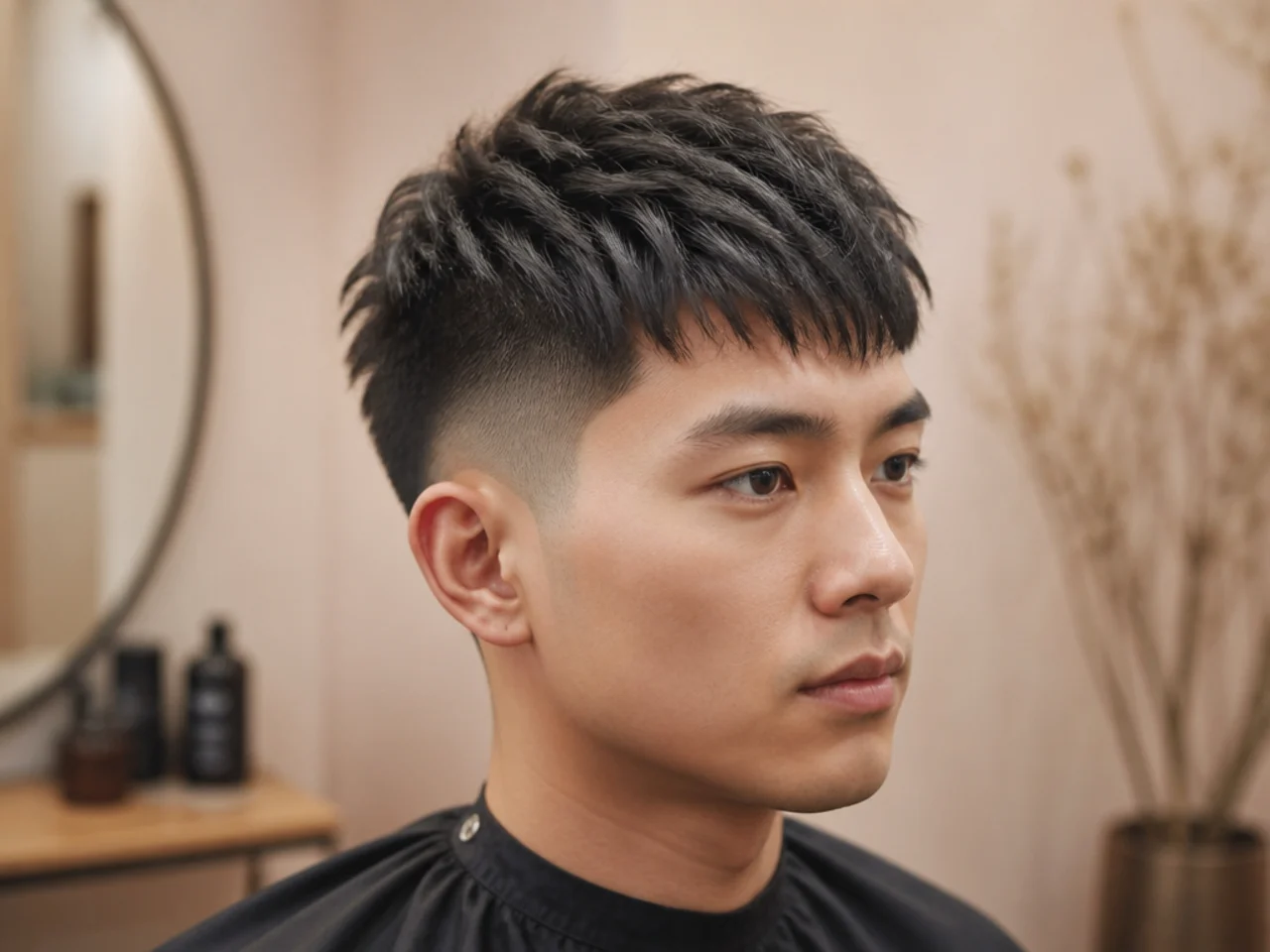 Asian French crop on a young man with cropped fringe and short faded sides on straight black hair