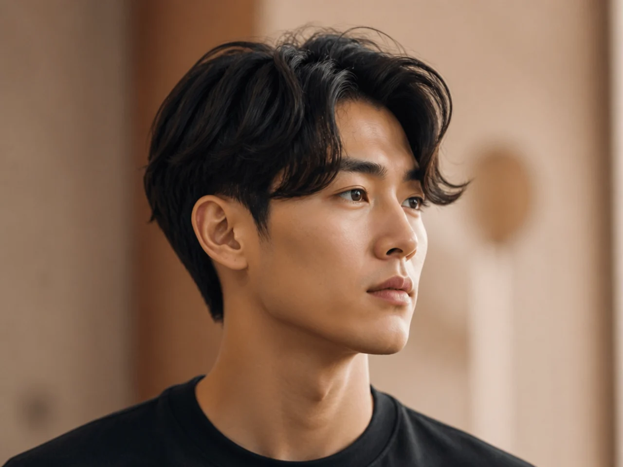 Comma hair on a Korean man with a curled front lock hooking toward the dominant eye