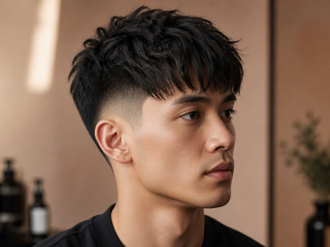 Textured fringe with low fade on a young Asian man showing choppy piecey fringe and clean faded sides