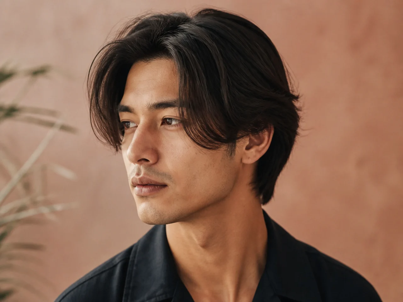 Curtain fringe on a young Asian man split into two soft panels across the forehead on wavy black hair