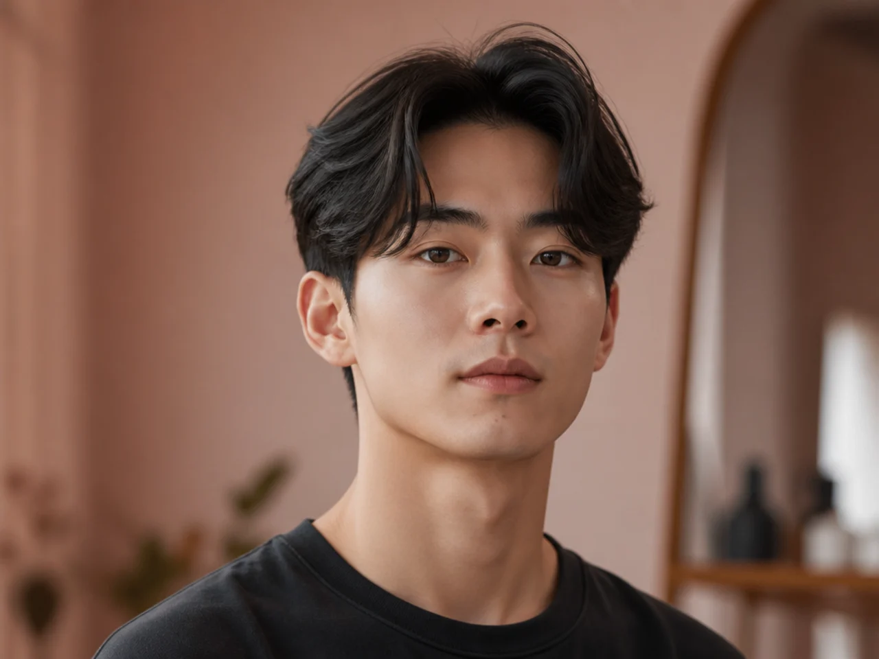 Korean middle part on a young man with straight center part and 5-inch top on glossy black hair