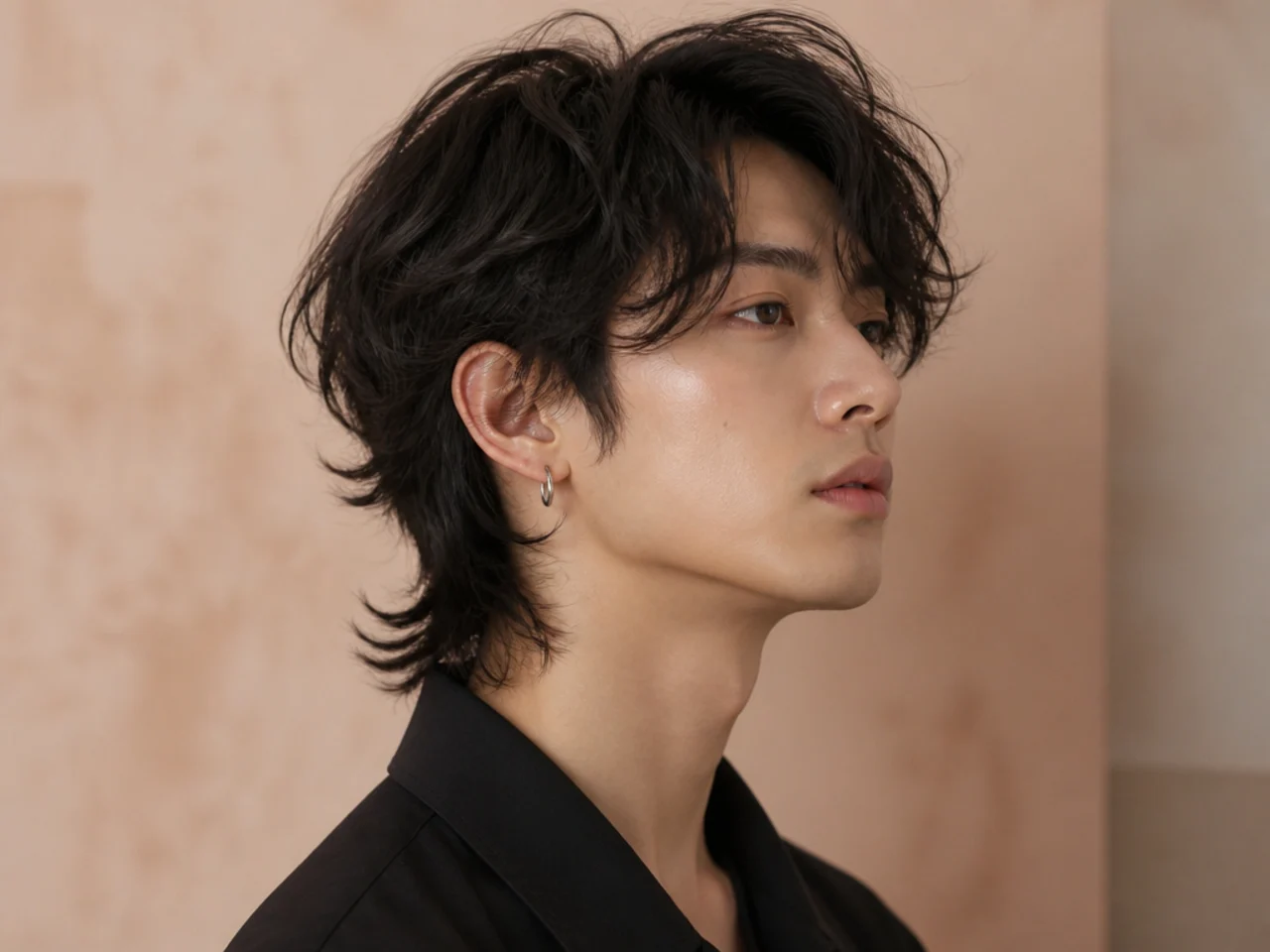 K-mullet with wolf perm on a Korean man showing wave through every layer and a shaggy back
