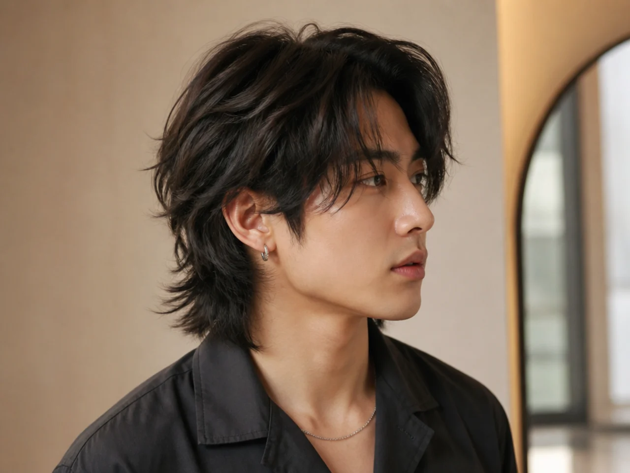 Japanese soft wolf cut on a young man with layered shag and forward fringe on wavy black hair