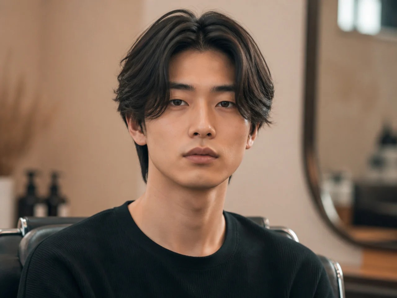 Japanese center-parted curtain on a young man with soft face-framing panels on straight black hair