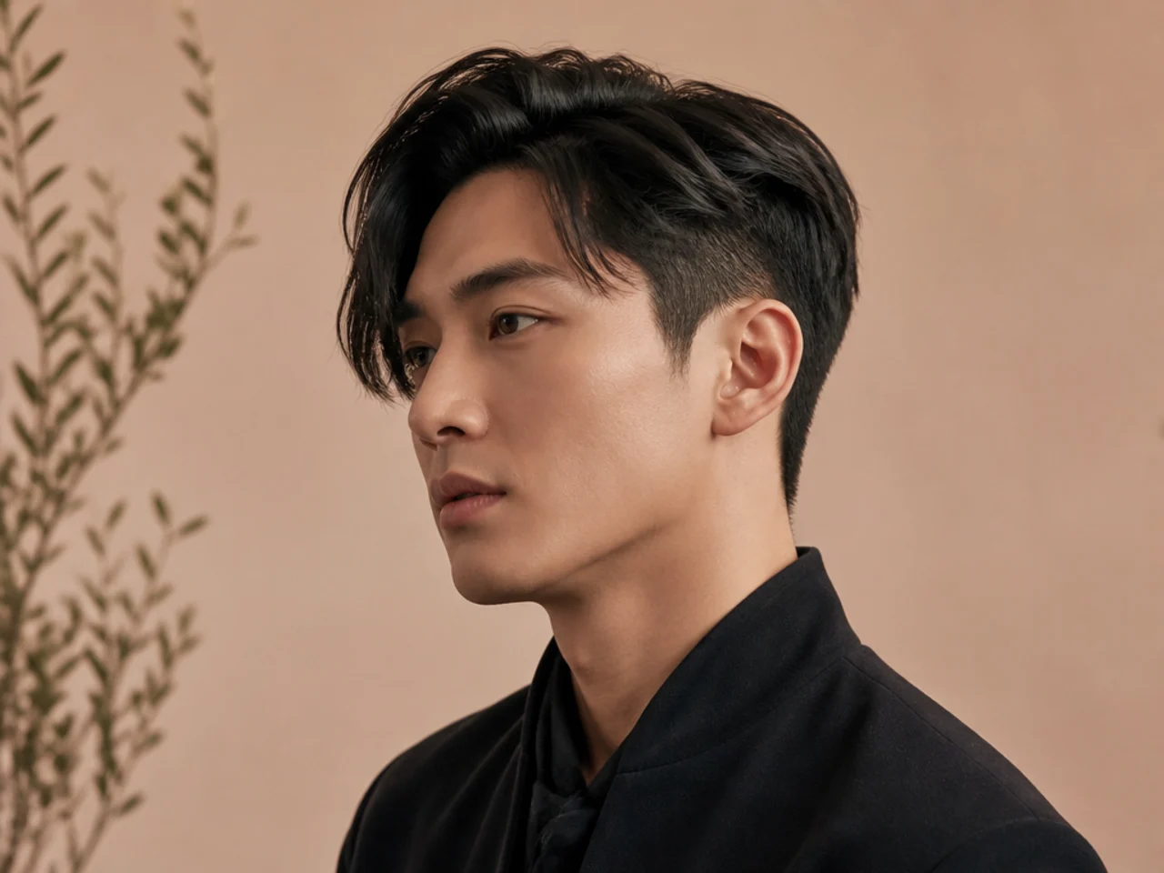 Disconnected undercut on a Chinese man with long slicked-back top and hard clipper line at the temple