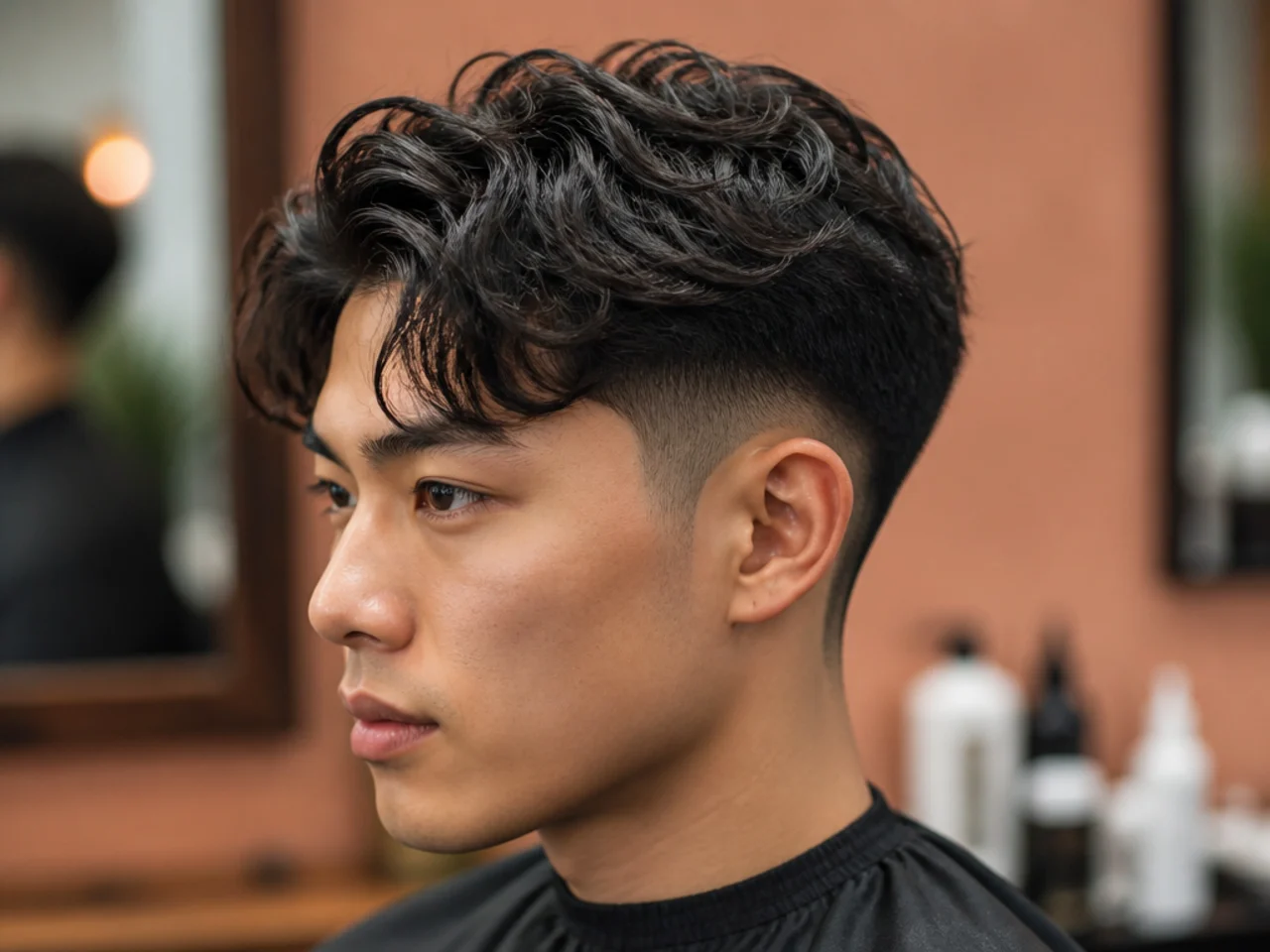 Asian man in a barber chair showing a phone reference photo to a barber during consultation