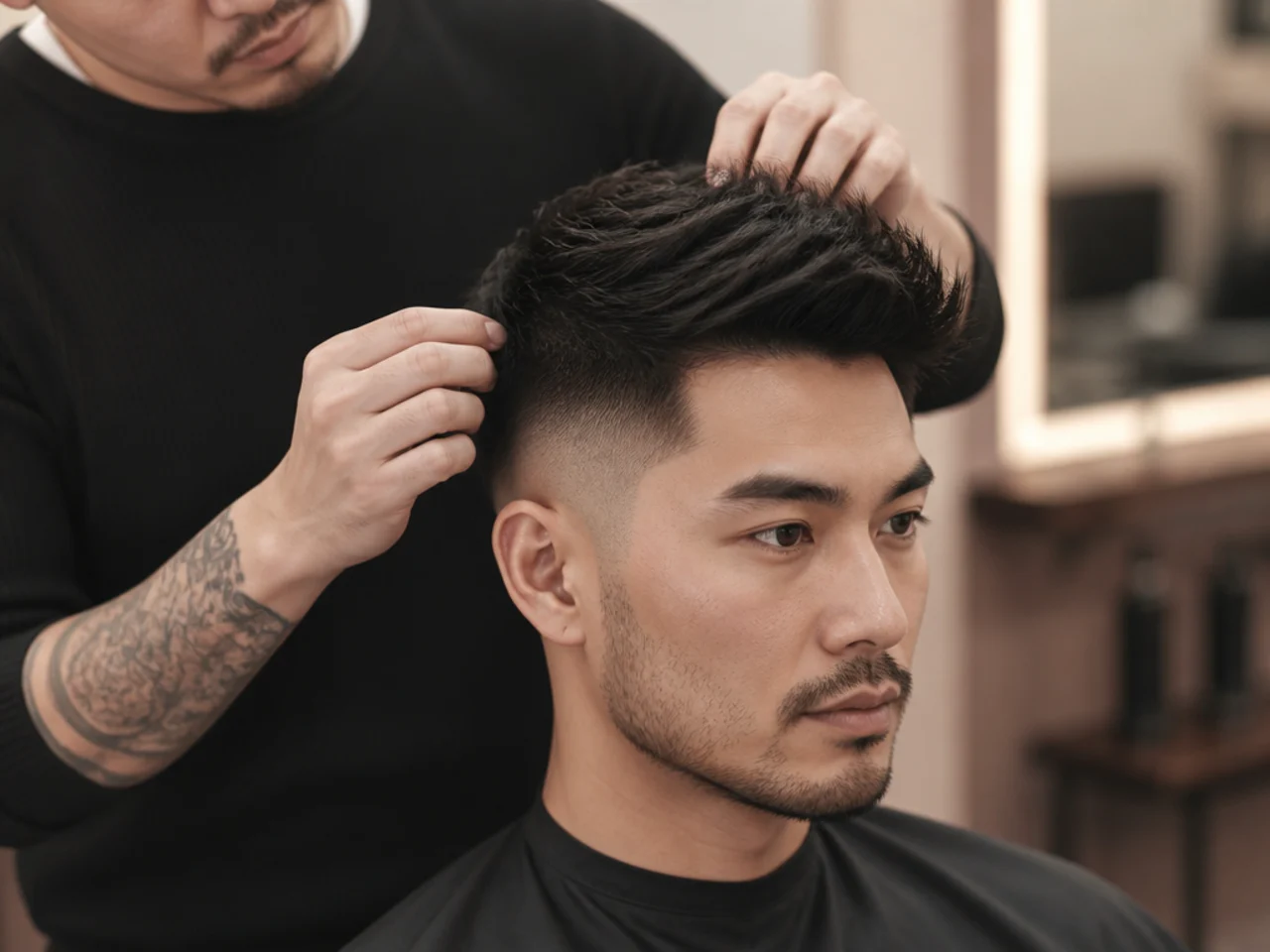 Asian haircut styling essentials — round brush, matte clay, curl cream, and sea-salt spray on a warm cream surface