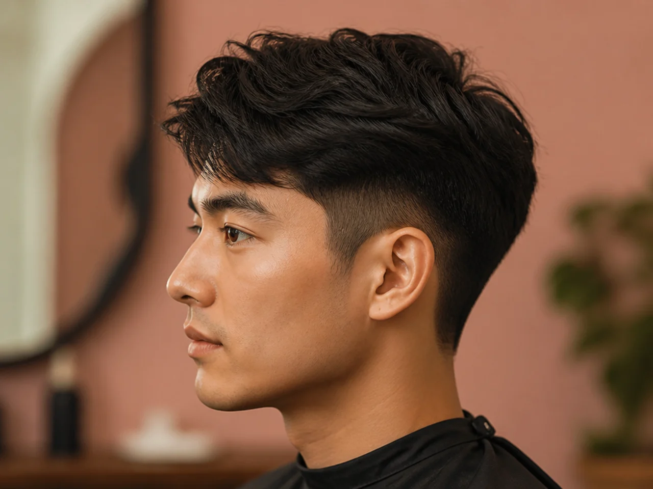 Asian haircut for men — thick straight black hair styled in a modern two block with soft taper