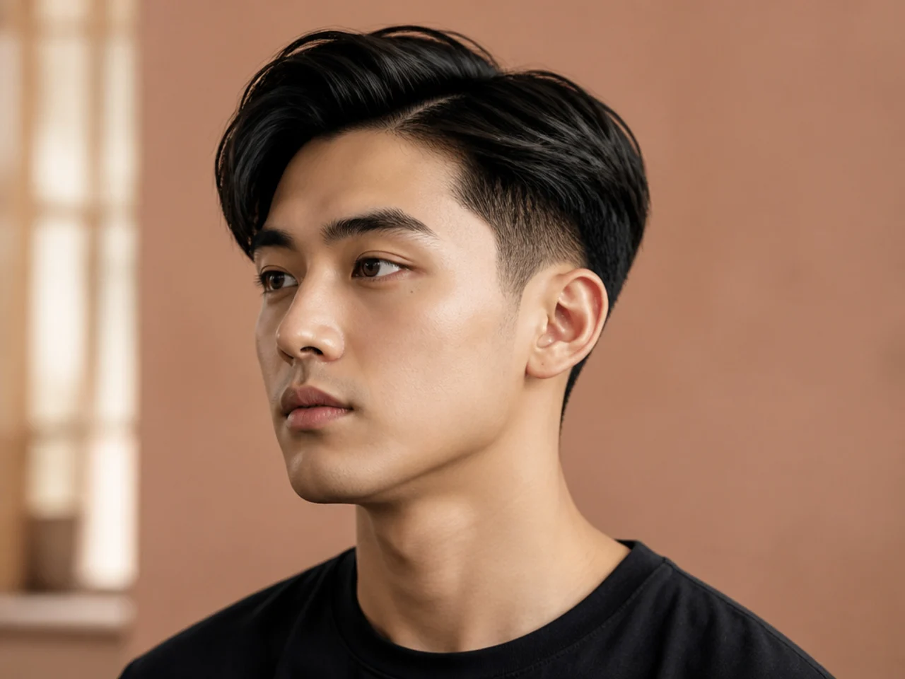 Two-block side part on a young Korean man with 4-inch top combed to one side and hidden clipper underlayer