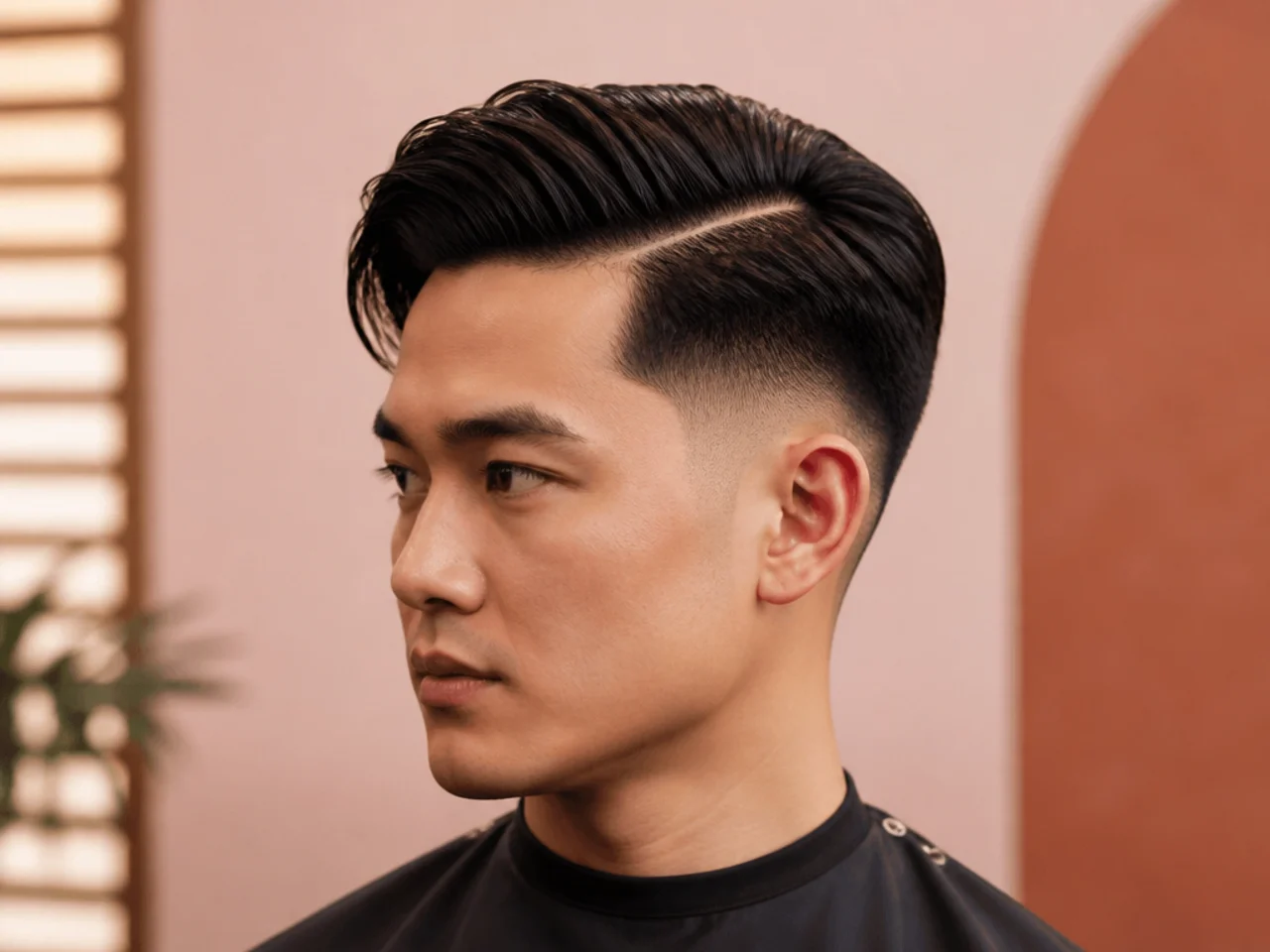 Deep side part on a young Asian man showing heavy weight to one side and asymmetric top volume on glossy black hair