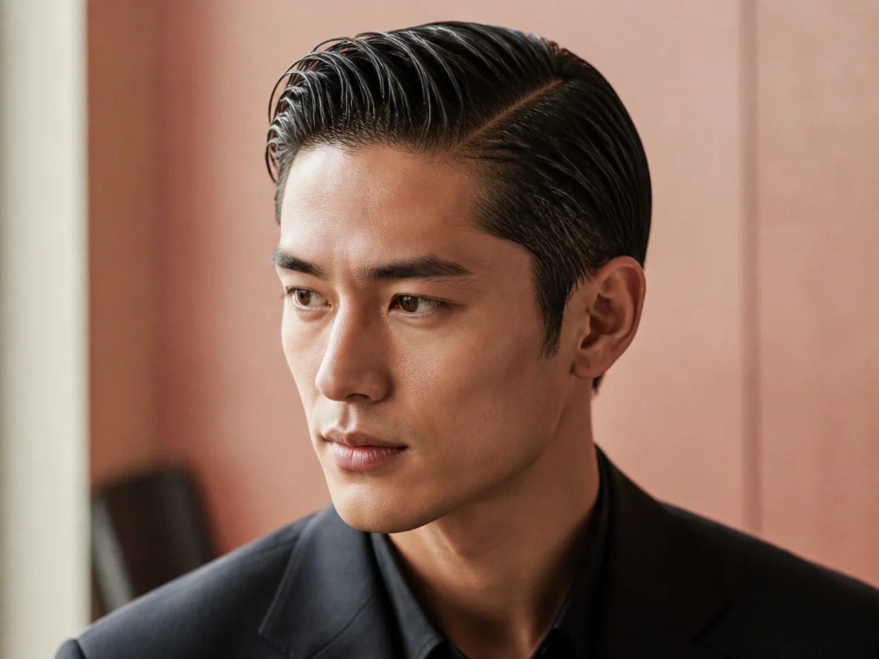 Wet-look executive side part on a Chinese man in his 40s with high-shine pomade and clean parting on straight black hair