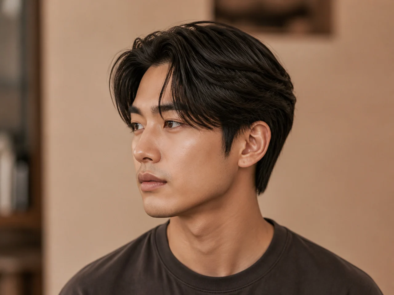 Curtain-meets-side-part on a young Korean or Japanese man showing an off-center parting and soft face-framing panels
