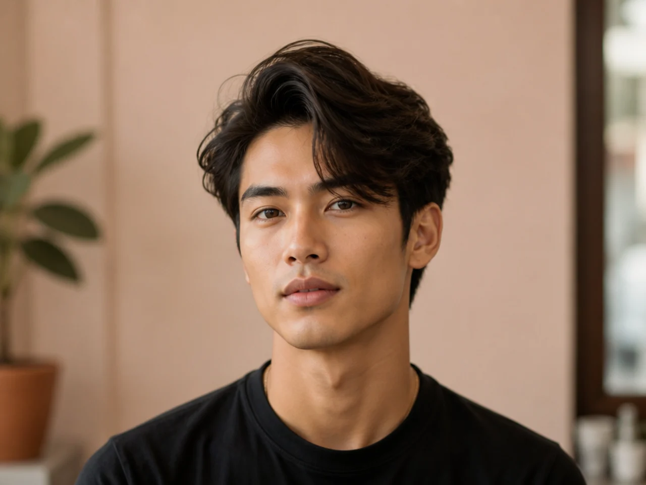 Loose natural side sweep on a young Asian man with soft undefined parting and effortless texture on wavy black hair
