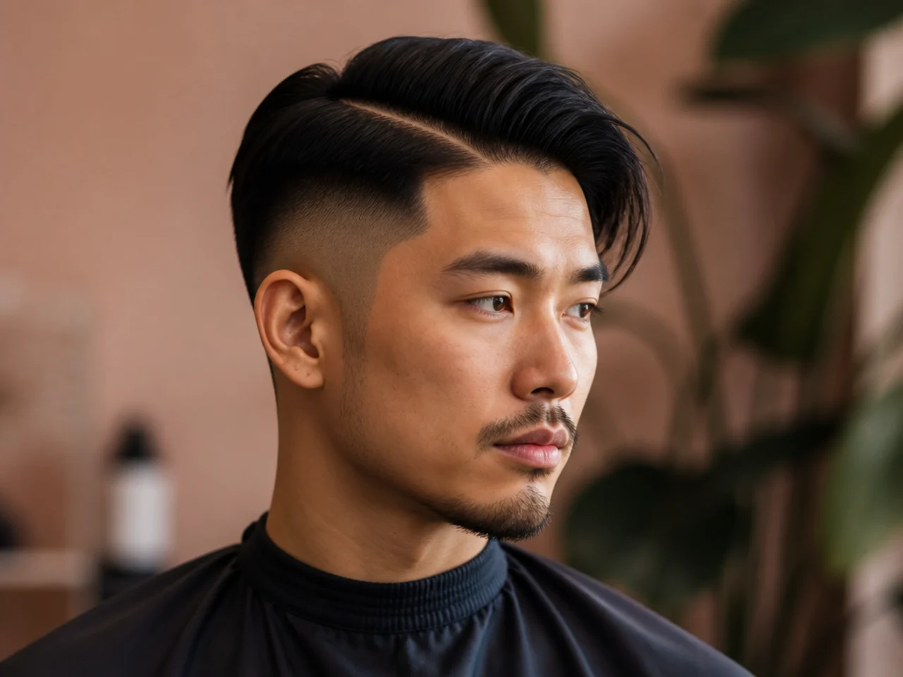 Disconnected undercut side part on a Chinese man with long slicked-back top and hard clipper line at the temple
