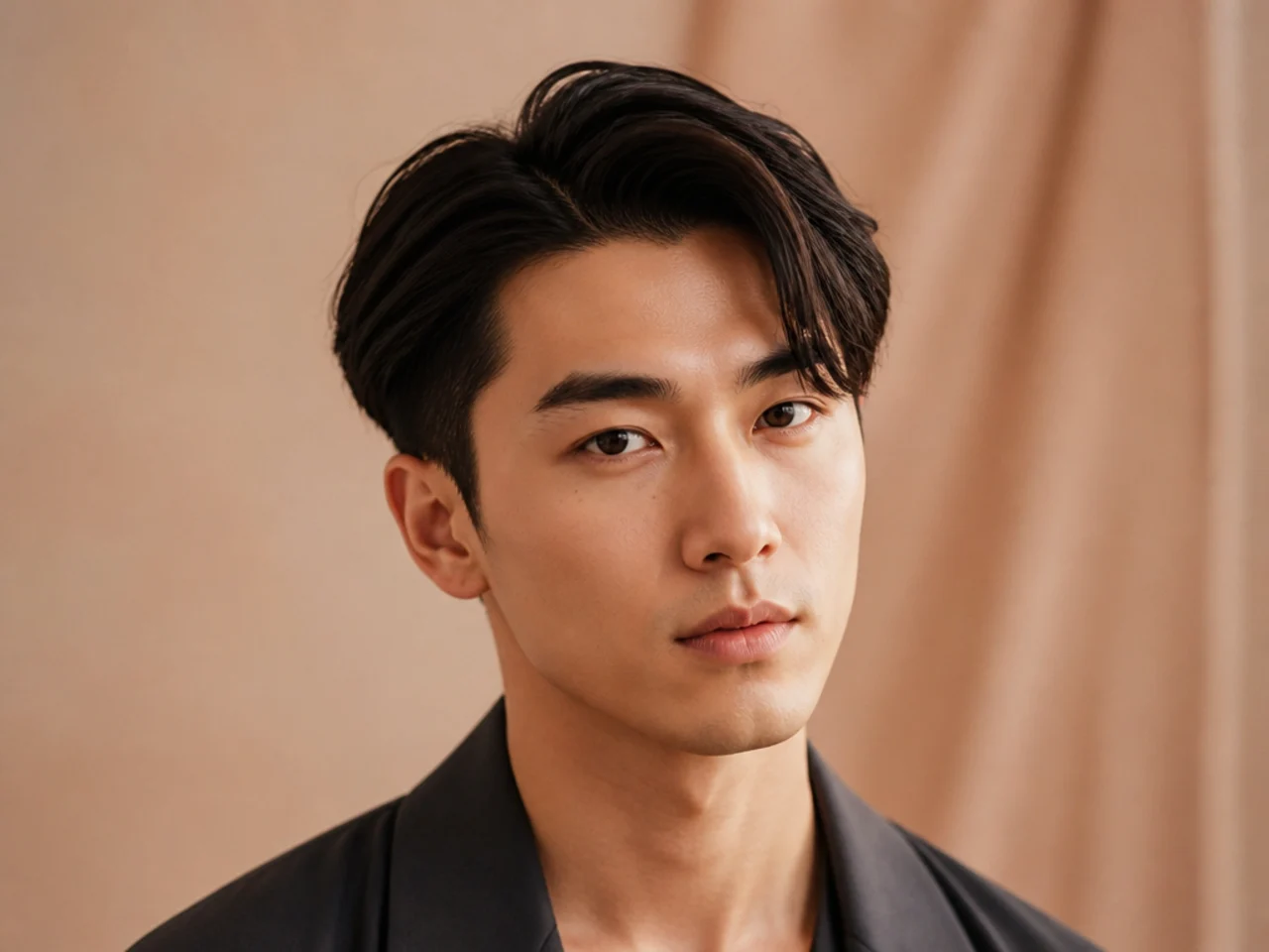 Long-top idol side part on a young Korean man with 5-inch swept top and hidden clipper sides on glossy black hair