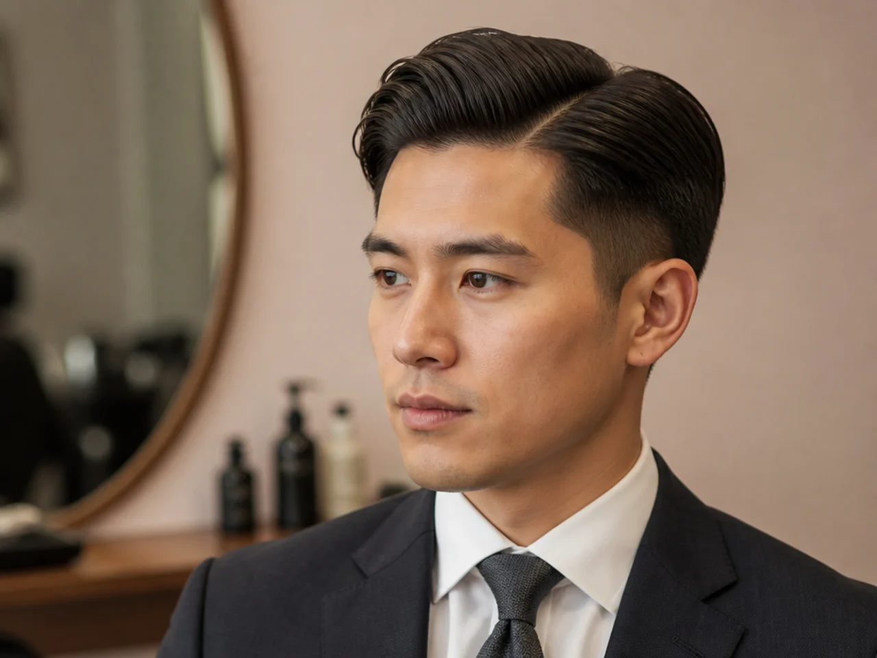 Modern executive side part on a Korean man in his 30s with matte finish and clean hard part on straight black hair