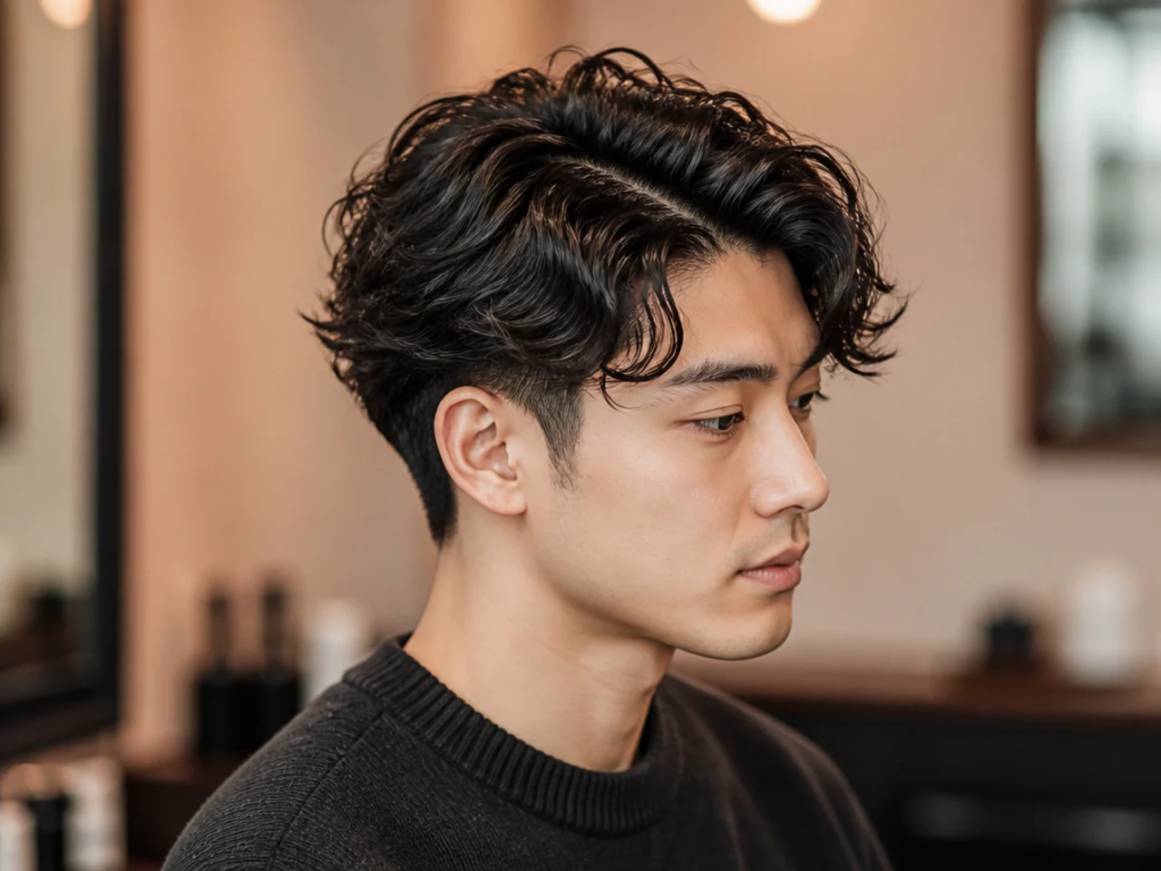 Permed side part on a young Korean man with root-lift setting perm and soft parting on wavy black hair