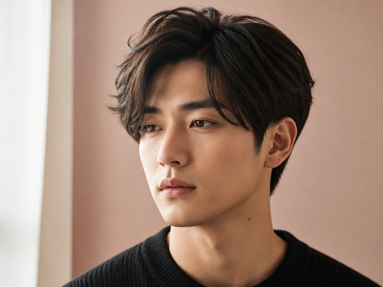 J-fashion soft side part on a young Japanese man with matte-textured top and undefined parting on straight black hair