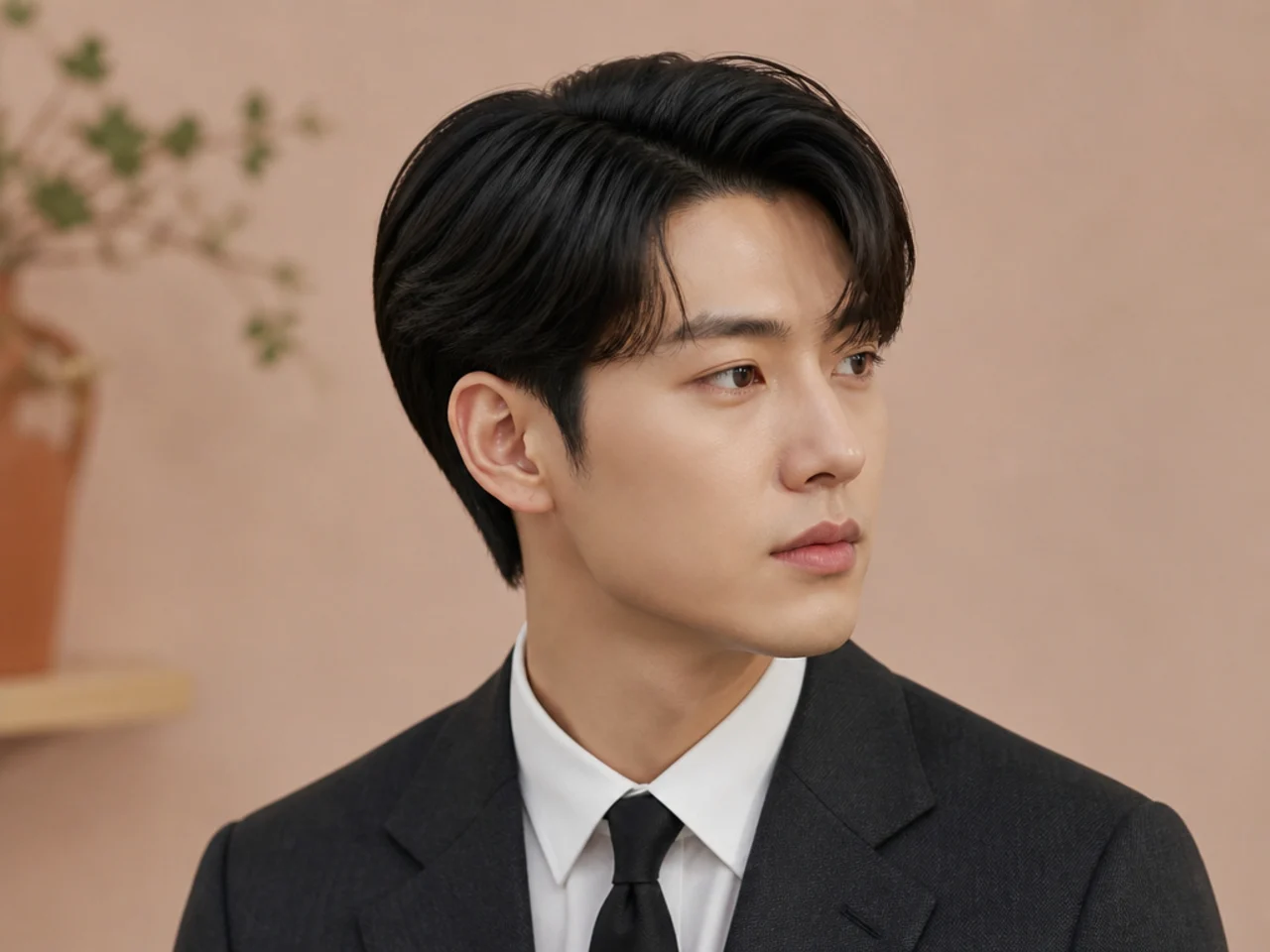 Korean business side part on a Korean man in his 30s with 3-inch top and clean scissor-tapered sides on glossy black hair