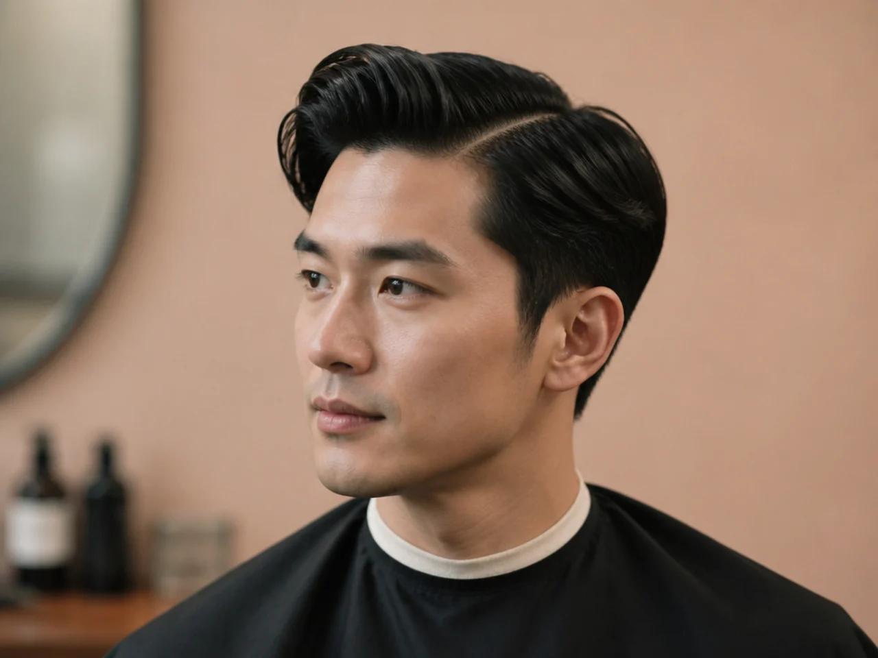 Old-money Asian side part on a young Chinese-Canadian or Korean-American man with tailored 3-inch top and refined finish