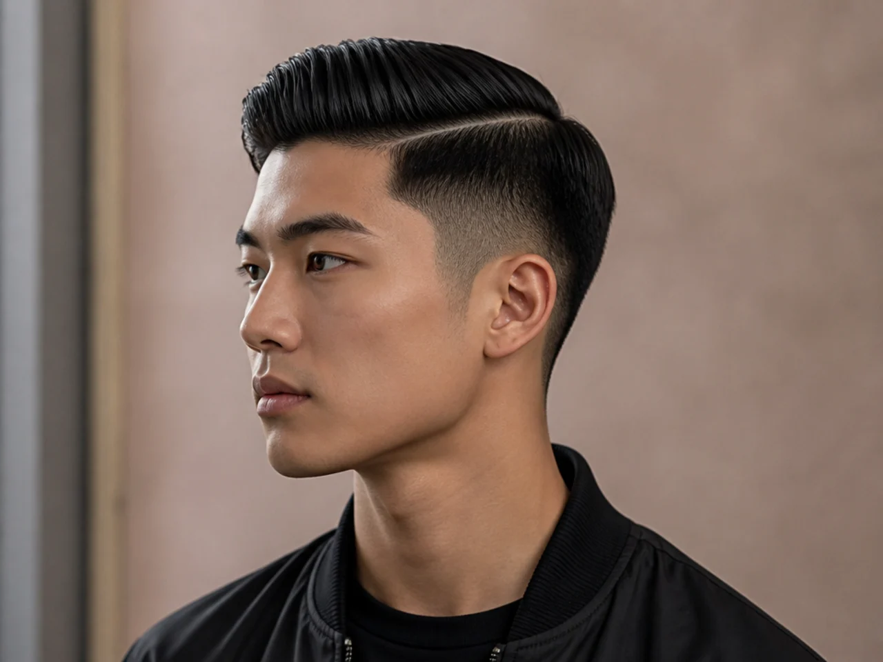 Hard-part two block on a young Korean man with razored parting line and hidden clipper sides on straight black hair