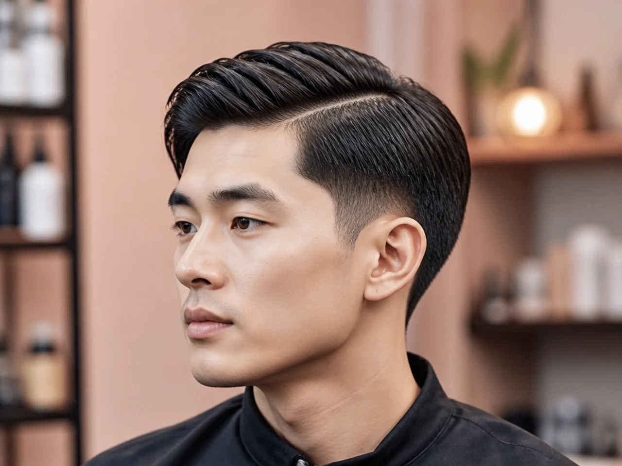 Low taper side part on a young Filipino or Vietnamese man with 4-inch top and subtle sideburn taper on straight black hair