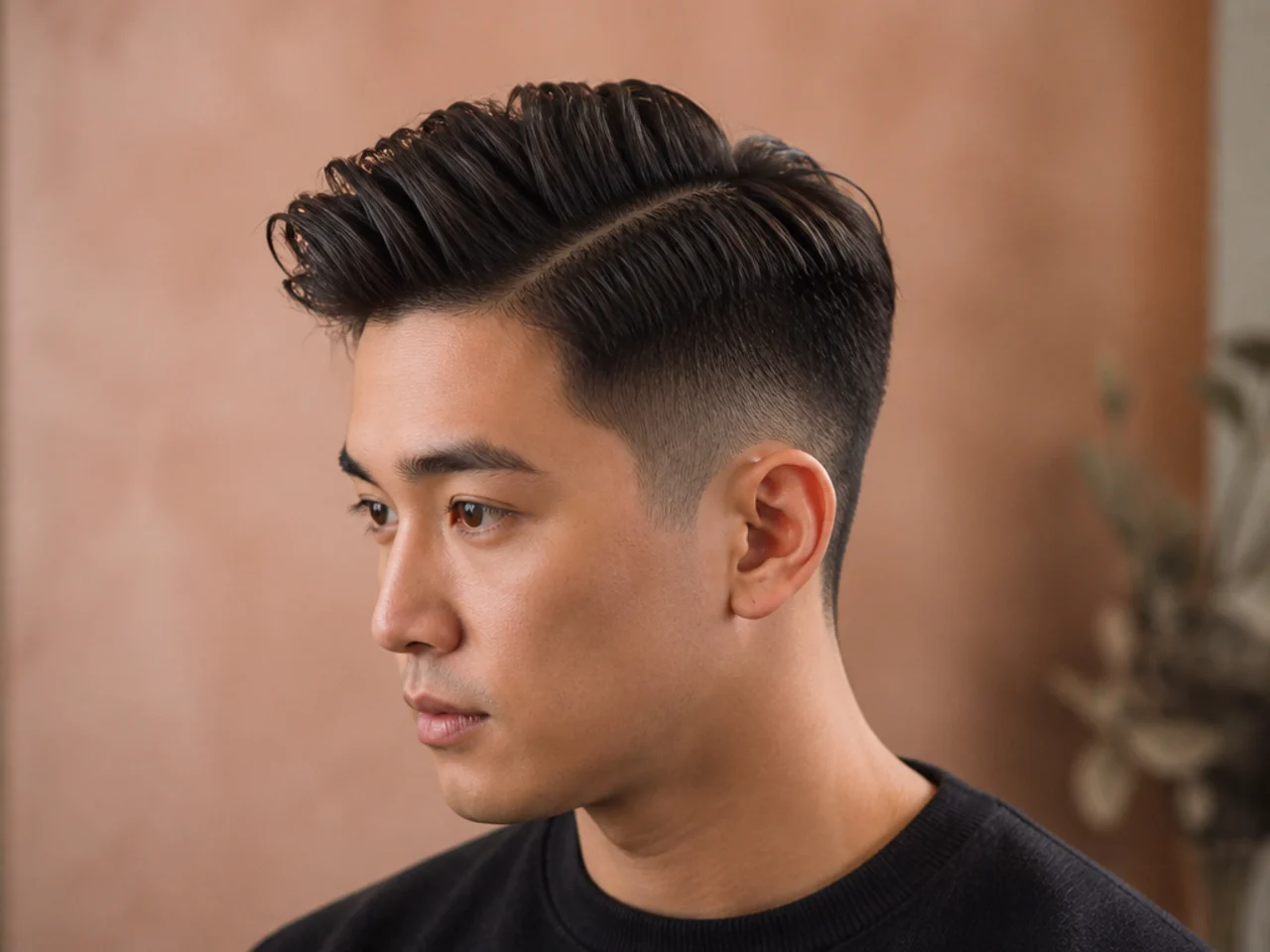 Mid fade side part on a young East Asian man with 3-inch top and clean fade at the temple on glossy black hair