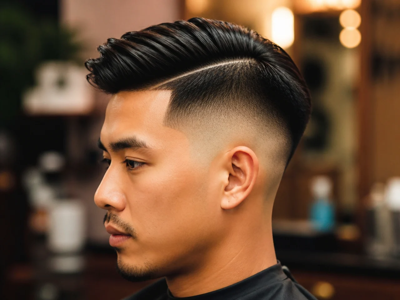 Skin fade side part on a young Asian man with hard-razored line and cropped 3-inch top on straight black hair