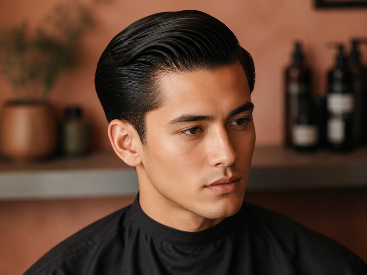 Slicked-back cinema side part on a Chinese man in his 30s with high-shine pomade and 4-inch top on straight black hair
