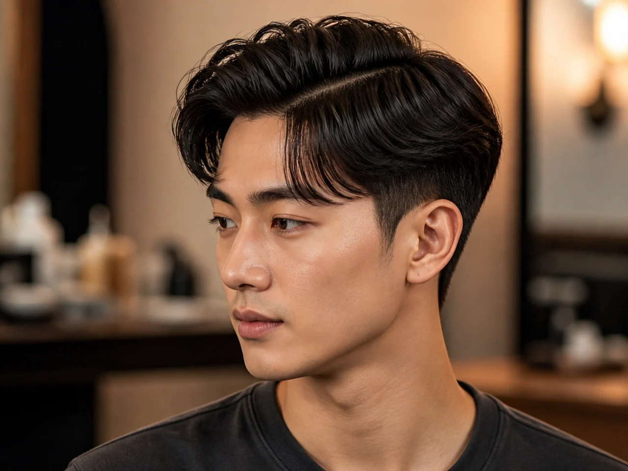 Comma side part on a young Korean man with curled front lock and clean parting on straight black hair