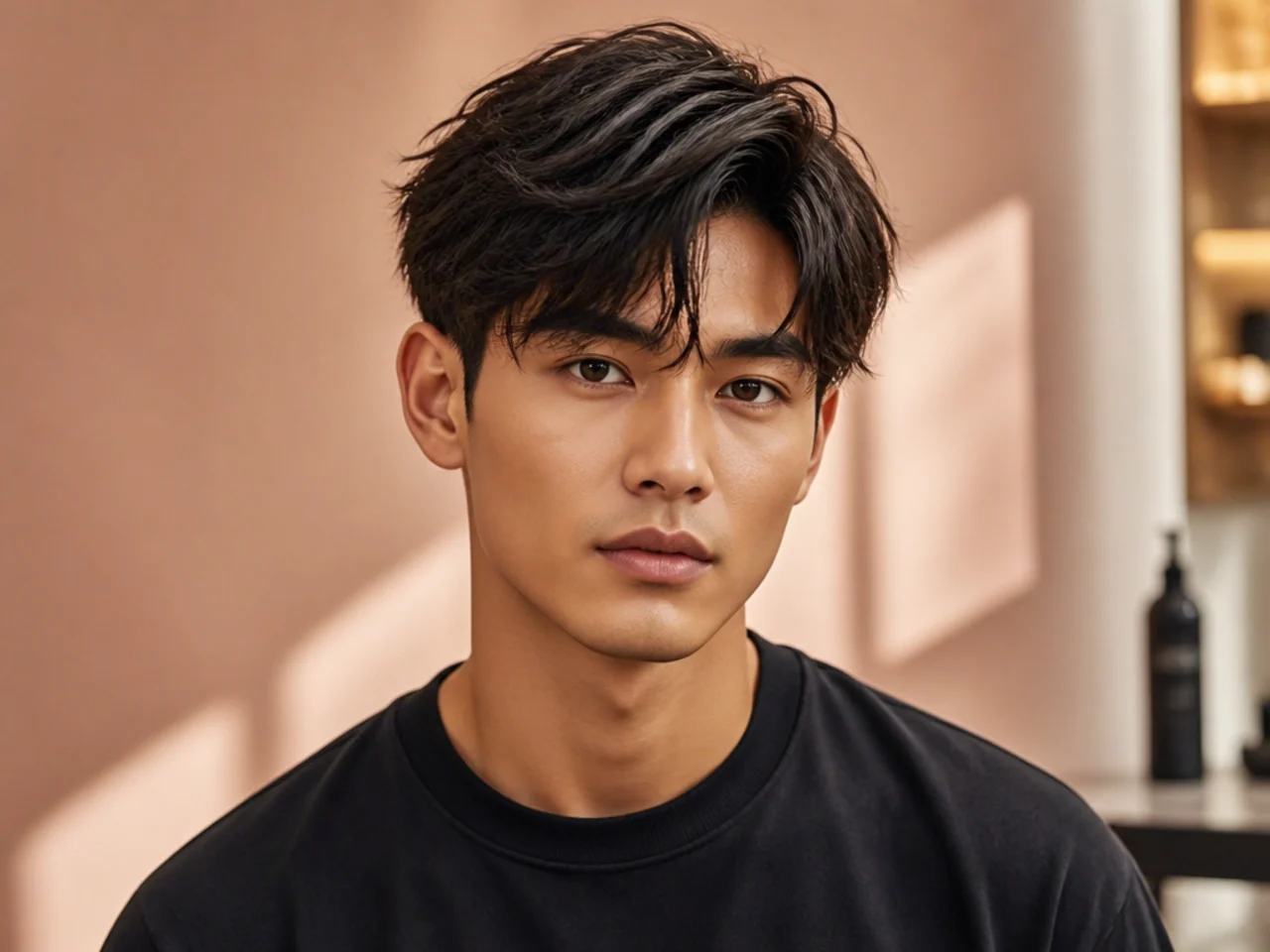 Textured side part with forward fringe on a young Southeast Asian man showing piecey top and low fade sides