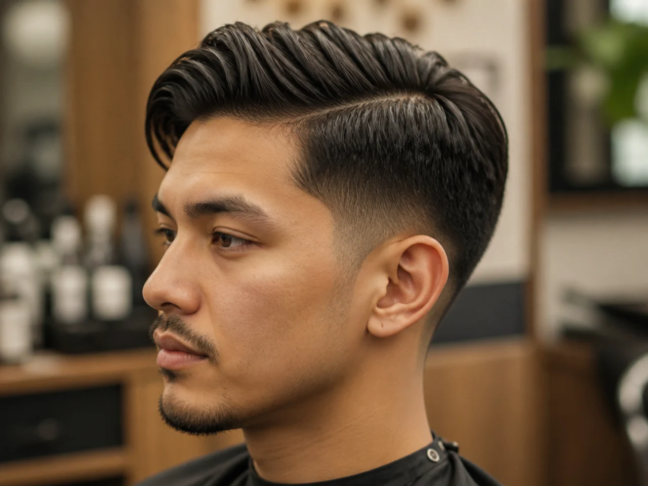 Asian man consulting with a barber and showing a side part reference photo on his phone in a warm-lit barbershop