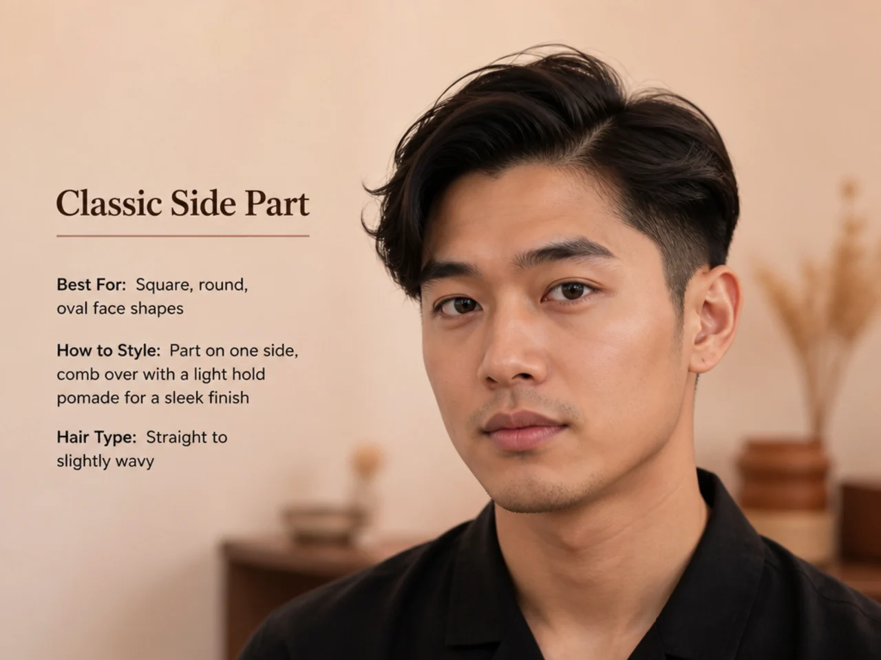 Side profile of an Asian side part haircut showing the parting angle and scissor-blended finish above the ear