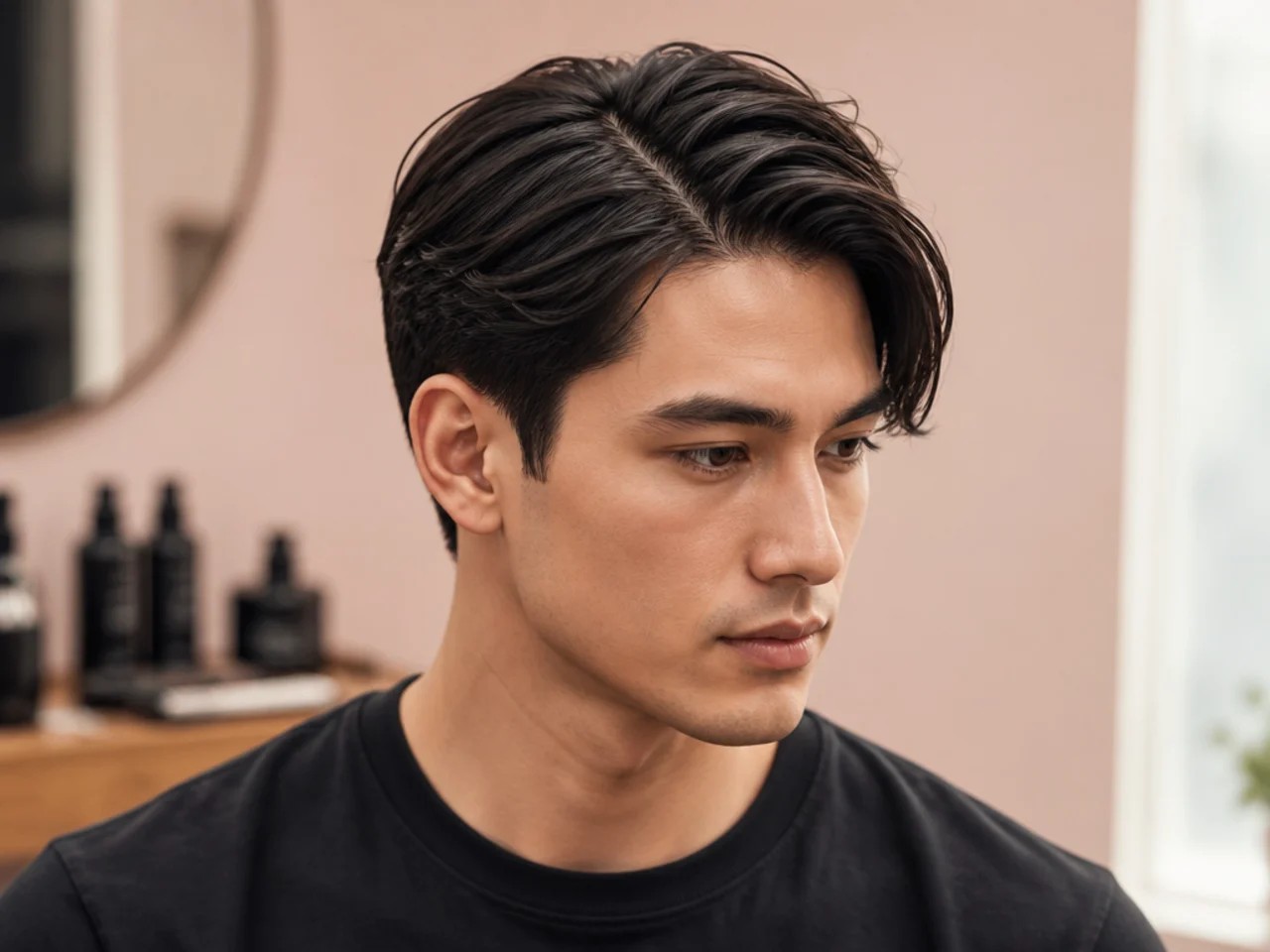Asian side part styling essentials — matte clay, cream pomade, sea-salt spray, round brush, and fine-tooth comb on a warm cream surface